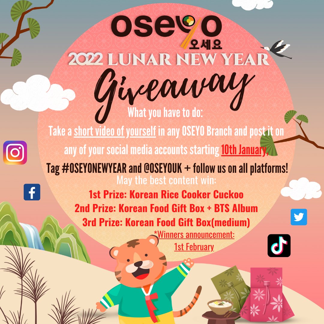 🎊Oseyo Lunar New Year🎊
Fire1st- Korean Rice Cooker Cuckoo
Fire2nd- Korean Food Gift Box + BTS Album
Fire3rd- Korean Food Gift Box(medium)

Duration:10th January-31st January2022

Winners announcement: 1st February(Lunar New Year)
Good luck♥️

#oseyo #oseyonewyear #oseyogiveaway