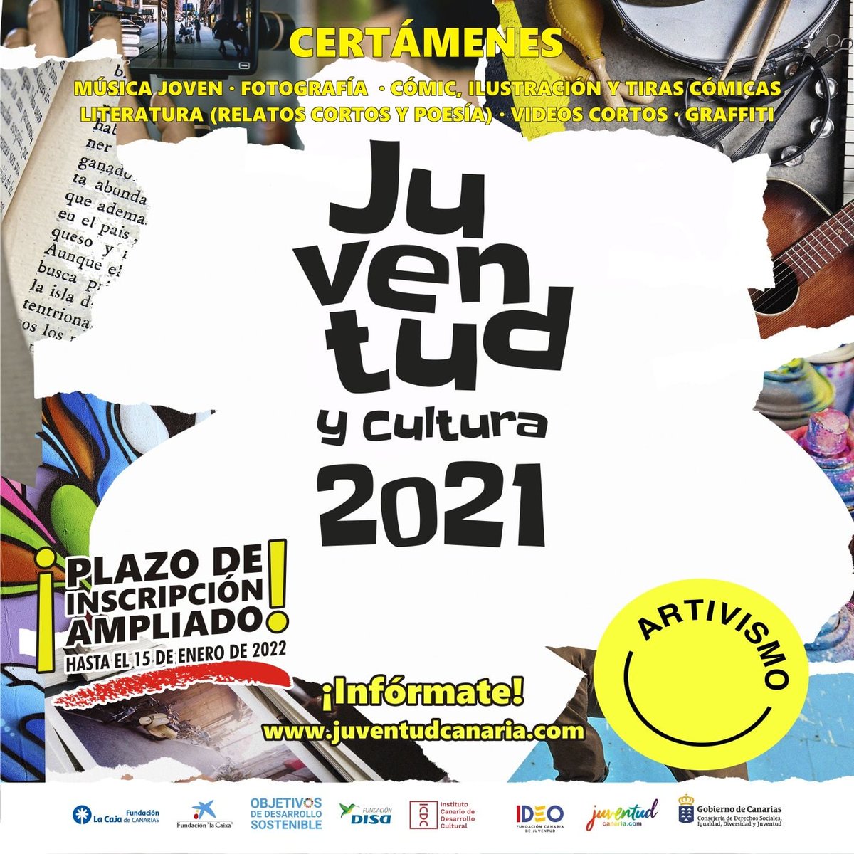 JuventudCanaria's tweet photo. 📣‼ CERTÁMENES DE JUVENTUD Y CULTURA 2021 

👁️ ¿Has presentado ya tu propuesta? 

✅ Música, fotografía, cómic, ilustración, literatura, vídeos cortos y graffiti.

📅 Inscríbete, ¡estamos en la recta final!
https://t.co/SaDGMj3uAC https://t.co/6TJhAJL5qU