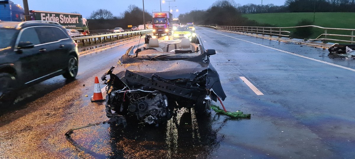 NWmwaypolice's tweet image. This was the scene on the M6 J26-J27 this morning. Driver taken to hospital with minor injuries after being extracted from the car by Fire &amp;amp; Rescue Service. The #M6 will remain closed NB at J26 (and from the M58 J6) for repairs &amp;amp; resurfacing for most of the day. 
@MerPolTraffic