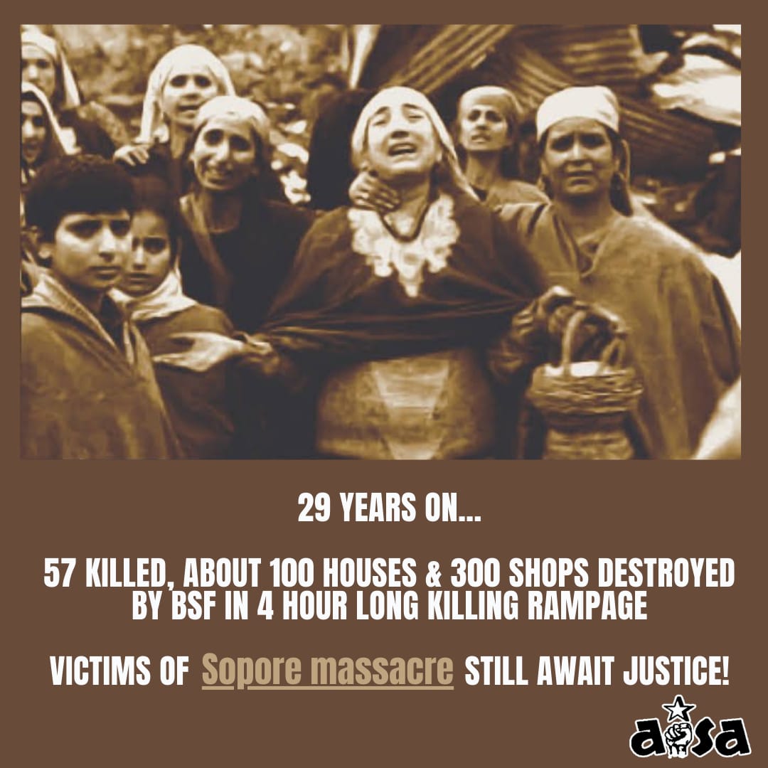 AISA_UPES's tweet photo. Never forget! Never forgive! 

Sopore cries for justice while innocent blood stains the 'glorious' uniform of the supposed 'protectors of the valley' even today! 

Repeal AFSPA and the impunity to armed forces! 

#SoporeMassacre #FreeKashmir https://t.co/CEC3XprqTE