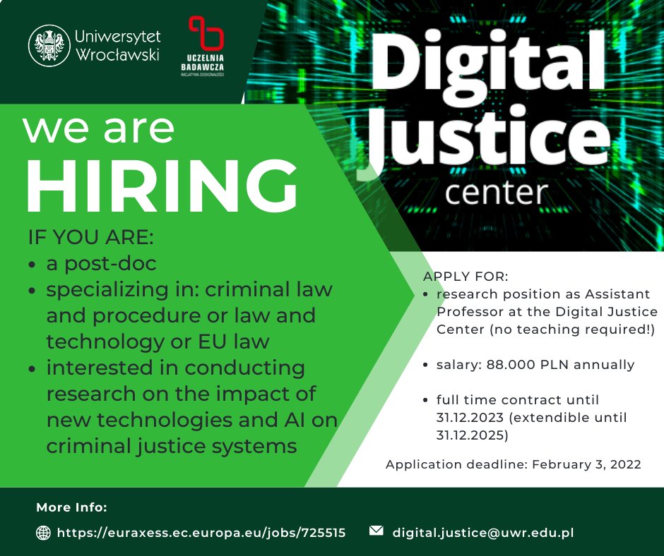 Join us in Digital Justice Center! 📢

We are offering a research position as an Assistant Professor <a href="/uniwroc/">UNIWROC</a> for young post-doc interested in conducting research 👩‍💻👨‍💻on the impact of new technologies and AI on criminal justice systems! 

Job offer: euraxess.ec.europa.eu/jobs/725515