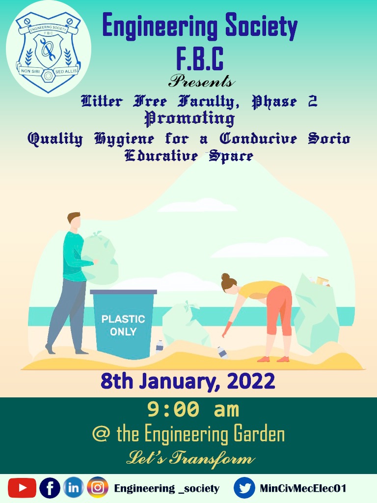 MinCivMecElec01's tweet photo. Neatness and accuracy are two qualities engineers should possess -
Building on the launching of the litter free faculty project, The Society has deemed it necessary to have a cleaning exercise at the faculty. This would comprise cleaning the garden and the perimeter buildings. https://t.co/ejIQ8gSEqd