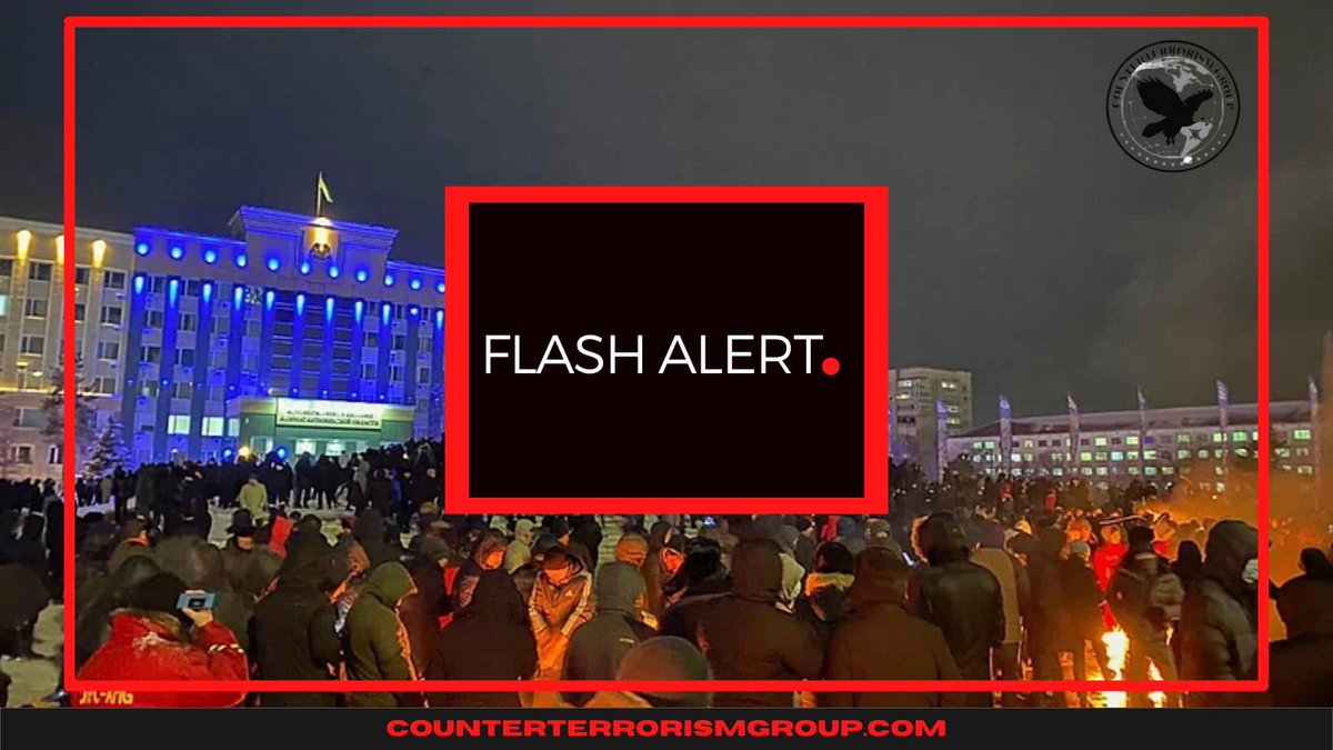 The_CTGroup's tweet photo. ❗FLASH ALERT❗
🚨The Counterterrorism Group is issuing a FLASH ALERT in the aftermath of the #Kazakhstan government resignation following violent #protests on rising fuel prices, as well as for the potential for protests in #Russia and #Turkey. 

@ https://t.co/5VM0FRG3C2 https://t.co/Mr84RIrLJe