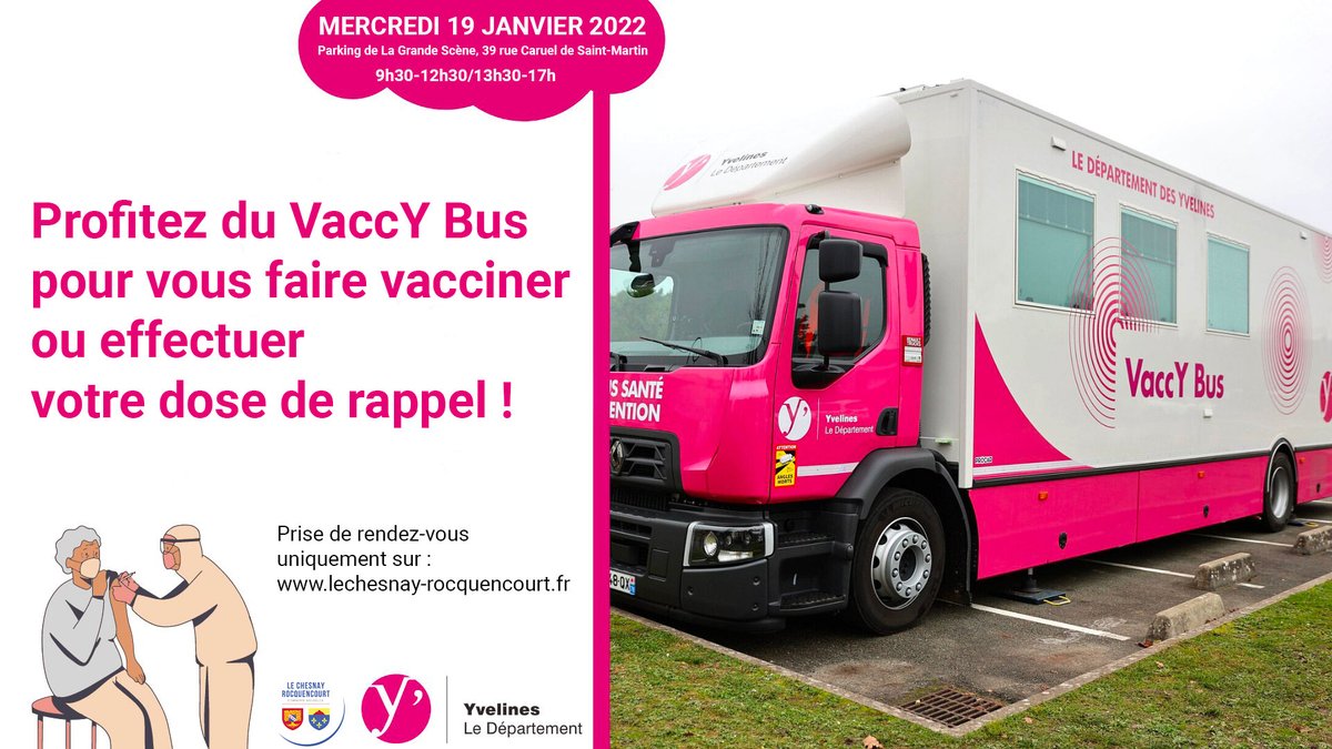 ⎮VACCY BUS : UN BUS MOBILE POUR VOUS FAIRE VACCINER CONTRE LA COVID-19⎮
📅 mercredi 19 janvier 2022
🕐 de 9h30 à 17h
📍 Parking de La Grande Scène, 37 Rue Caruel de Saint-Martin
👉 Prise de rendez-vous uniquement sur : lechesnay-rocquencourt.fr
#lechesnayrocquencourt