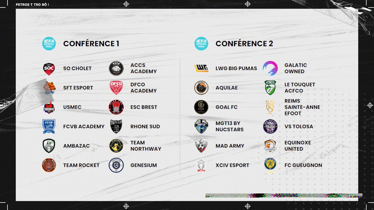 Voici que nous nous retrouvons dans la conférence 1 sur @ActuEsportFA 

Avec un effectif complètement remanié nos joueurs se doivent de faire mieux que la saison précédente. 

Bonne chance à tous 🍀
