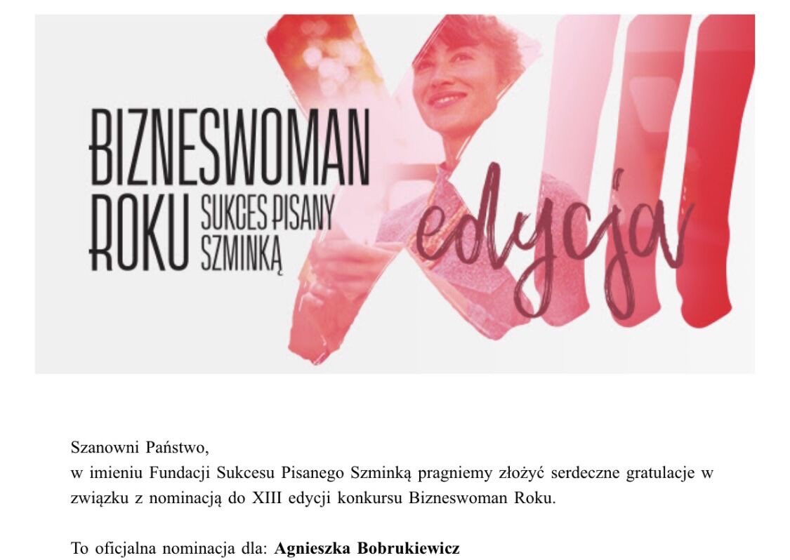 a_bobrukiewicz's tweet photo. Nowy rok, nowy good news 🎉❗️Bardzo dziękuje za nominacje do XII Edycji BUSINESSWOMEN ROKU Fundacja Sukcesu Pisanego Szminką ❗️🙏💪☺️

#businesswomenroku #unstoppable #thepowertoempower https://t.co/IlubZoo2yb