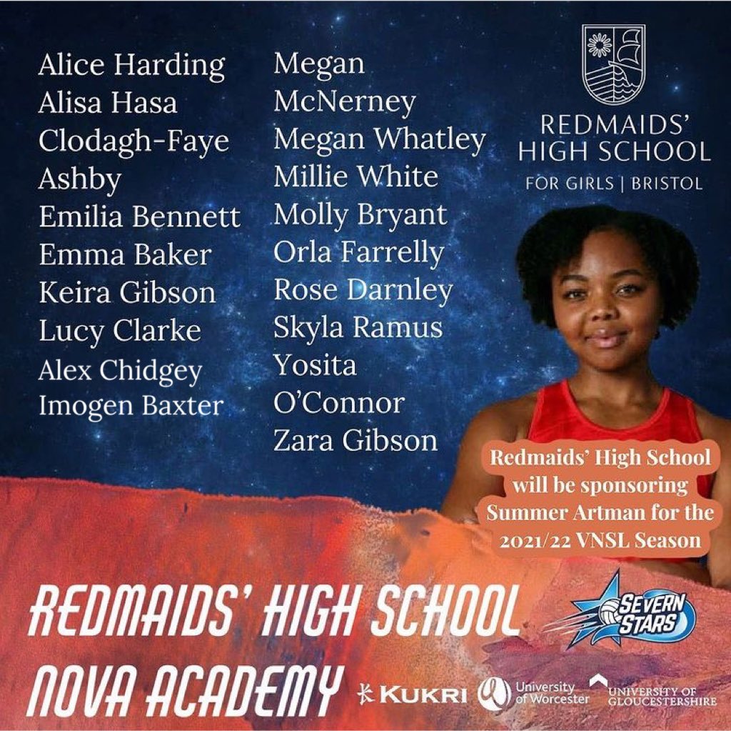 Please see below ⬇️ for the updated list of the talented list of Netballers who have been selected into the <a href="/RedmaidsNova/">Redmaids' High Nova Academy</a> @RedMaidsPE <a href="/RedmaidsHigh/">Redmaids' High School GDST</a> Nova Academy for the 2021/22 season 🌟🌟🌟🌟🌟 <a href="/RedmaidsHigh/">Redmaids' High School GDST</a> will be sponsoring new <a href="/SevernStars/">Severn Stars NSL</a> VNSL player <a href="/Summer_Artman/">Summer 💫</a> 💫