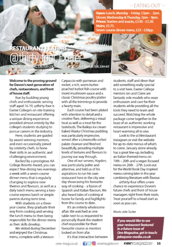 🤩 Thanks to <a href="/ONEmagdevon/">One Magazine</a> for the fantastic review of our student training restaurant @34Restaurant 

✔️ Find out more about upcoming menus and book your table today 👇
exe-coll.ac.uk/about/faciliti… 

#ExeCollProud