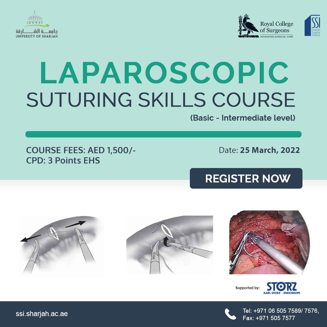 The Laparoscopic Suturing Skills Course offers highly practical training in suturing & knotting needed to learn essential skills in laparoscopic surgery. 
Register Now: ssi.sharjah.ac.ae/en/Programs/Pa…
accredited by: #royalcollegeofsurgeonsofengland 
supported by: #karlstorz