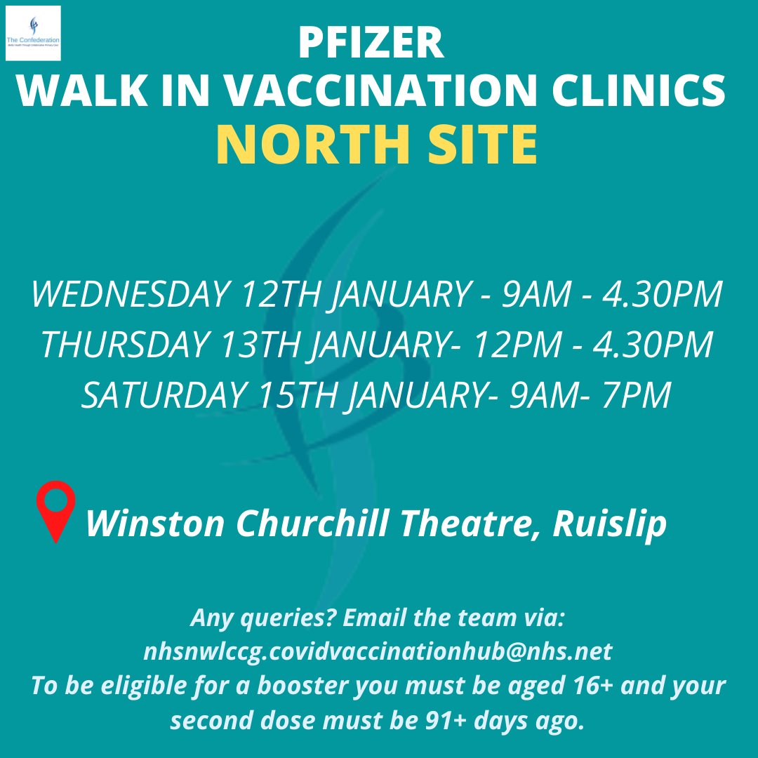 TheConfedHill's tweet photo. Come along to our walk in vaccination clinics next week in Ruislip and Hayes for your Covid-19 Vaccinations/Booster! #boostyourimmunity #CommunityImmunity 

#Hillingdon #Hillingdonvaccinations #wct #meadhouse #confedhill #hhcp https://t.co/WEVZ9opuVx