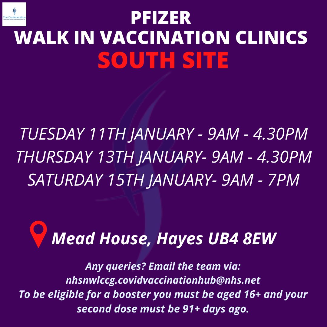 TheConfedHill's tweet photo. Come along to our walk in vaccination clinics next week in Ruislip and Hayes for your Covid-19 Vaccinations/Booster! #boostyourimmunity #CommunityImmunity 

#Hillingdon #Hillingdonvaccinations #wct #meadhouse #confedhill #hhcp https://t.co/WEVZ9opuVx