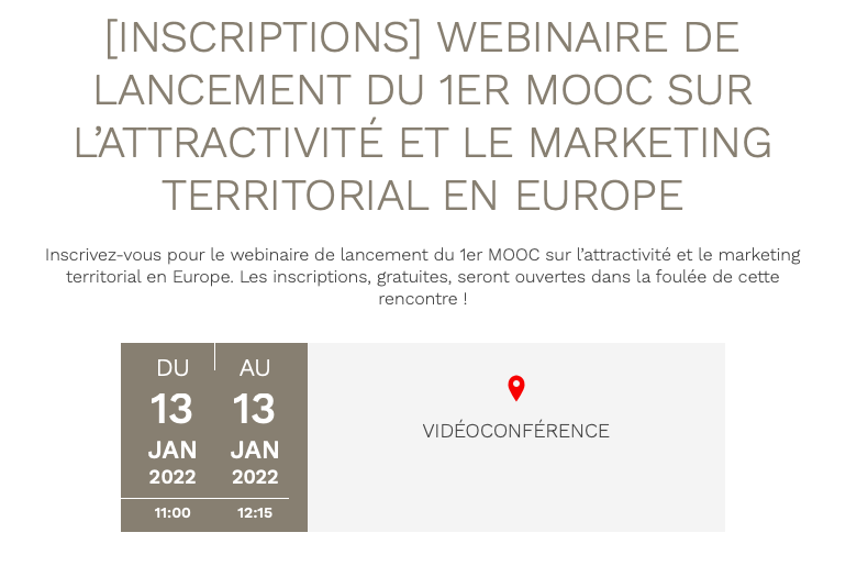 IMPGT_UnivAMU's tweet photo. Webinaire 🖥 | La @ChaireANMT de l'IMPGT s'associe avec @cnfpt, @CNERdeveco, @businessfrance et @Eurada_RDAs pour lancer le 1e MOOC sur l'#attractivité et le #markterr en Europe ! RDV le 13/01 pour le 1e webinaire. + d'infos et inscriptions (gratuites)➡️https://t.co/fuCDmoqoIO https://t.co/2HkUEokjlw