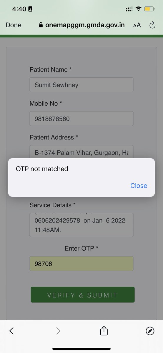 SEBY009's tweet photo. @DC_Gurugram RT-PCR sample collected for SUMIT SAWHNEY (Id:060622425400) SRF ID 0606202429578  on Jan  6 2022 11:48AM. link you provided says otp mismatch when otp is entered https://t.co/2ttGUOHqh6