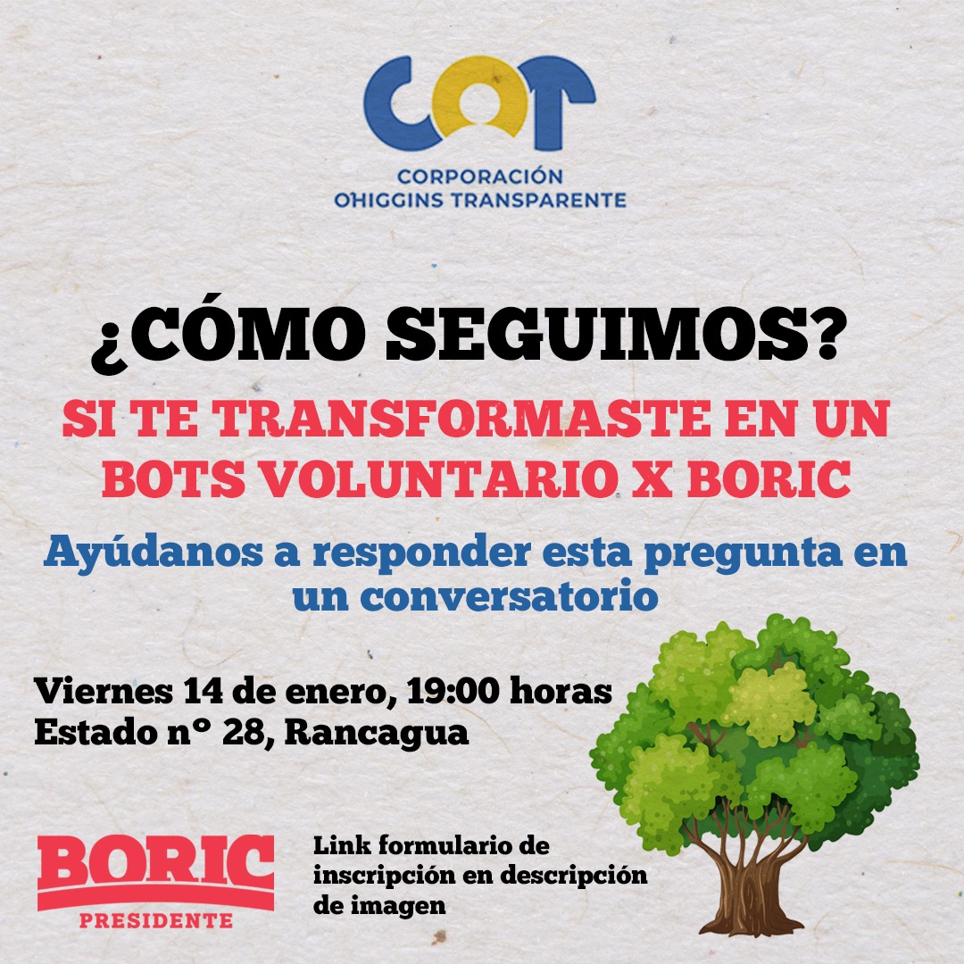 En #ohiggins el viernes 14/01, a las 19 horas nos reunimos organizaciones de la sociedad civil a respondernos ¿Cómo #Seguimos ? Para q #NuncaMasSinLaGente sea un hecho en el gobierno de <a href="/gabrielboric/">Gabriel Boric Font</a>  Inscribete👇
forms.gle/9iR1StuPx7NjCy…