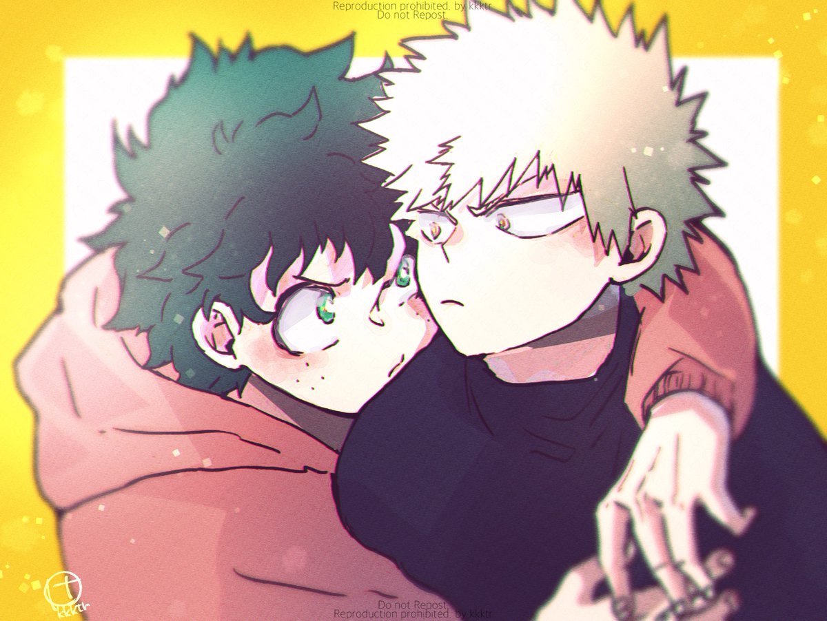 bakugou katsuki ,midoriya izuku multiple boys 2boys male focus freckles green hair blonde hair green eyes  illustration images