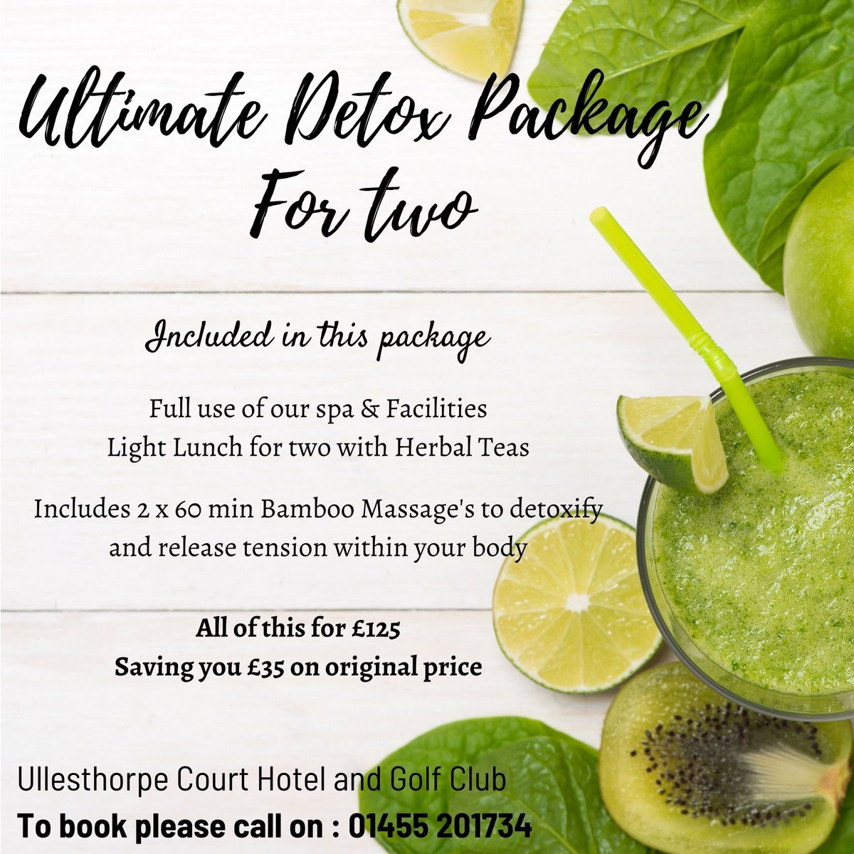 BWUllesthorpe's tweet photo. Our detox for 2 package is available until the end of April so why not treat yourselves to a little R&amp;R. Call 01455 201734 to book https://t.co/8APykD8CsA