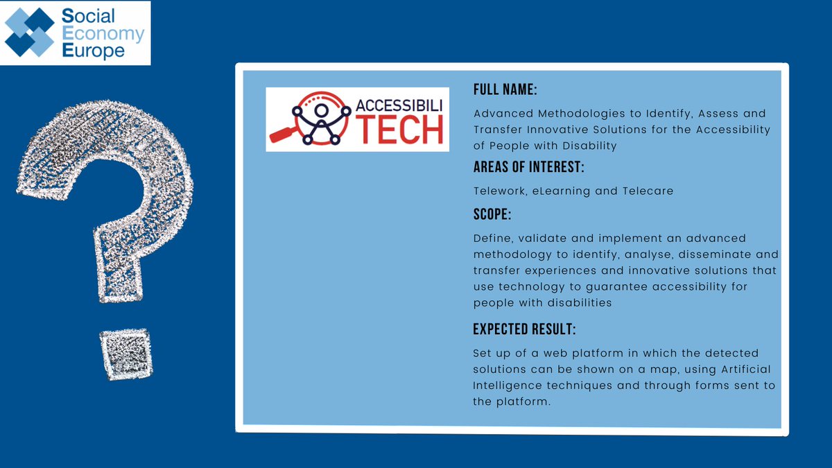 SocialEcoEU's tweet image. 📢 DISCOVER #accessibilitech 📢
🔎#accessibilitech aims at identifying accessible technologies for:

🧑‍💻Telework
👩‍🏫eLearning 
🚑Online care services 

To guarantee:
🚪Accessibility for people with disabilities

📹WATCH THE VIDEO TO FIND OUT MORE 👉🏿youtube.com/watch?v=PnWPFd…