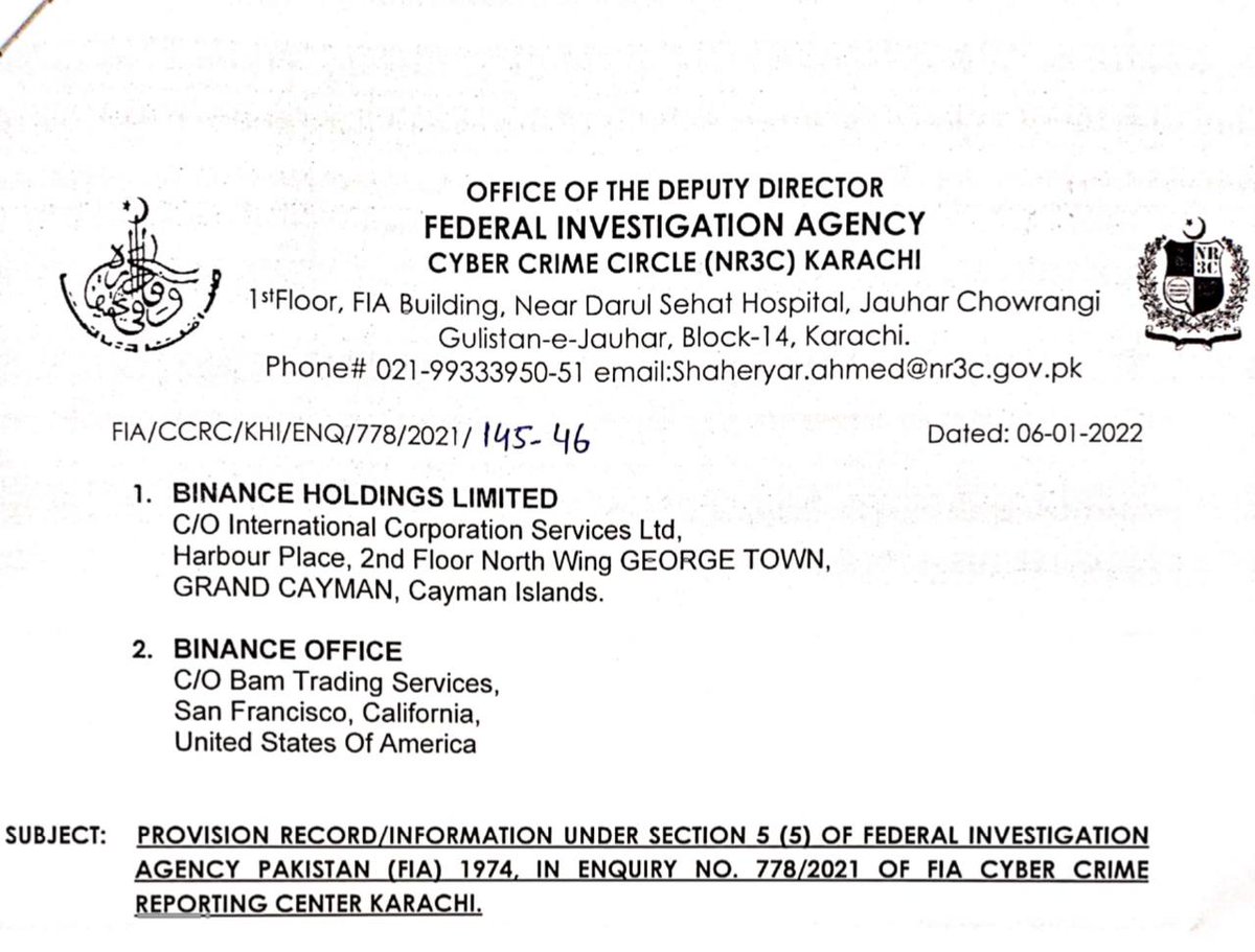 KARACHI: Federal Investigation Agency (FIA) has detected an online fraud of  Rs100 billion using a cryptocurrency and issued notice to the local  representative of Binance, @cz_binance @binance @BinanceHelpDesk @BinanceUS