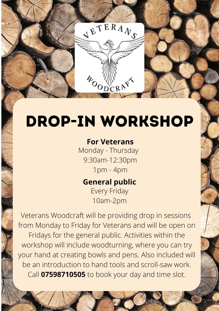 Veterans Woodcraft drop in sessions available every week Monday to Thursday for veterans and Fridays for general public.
Call 07598710505 to book your day and time slot.