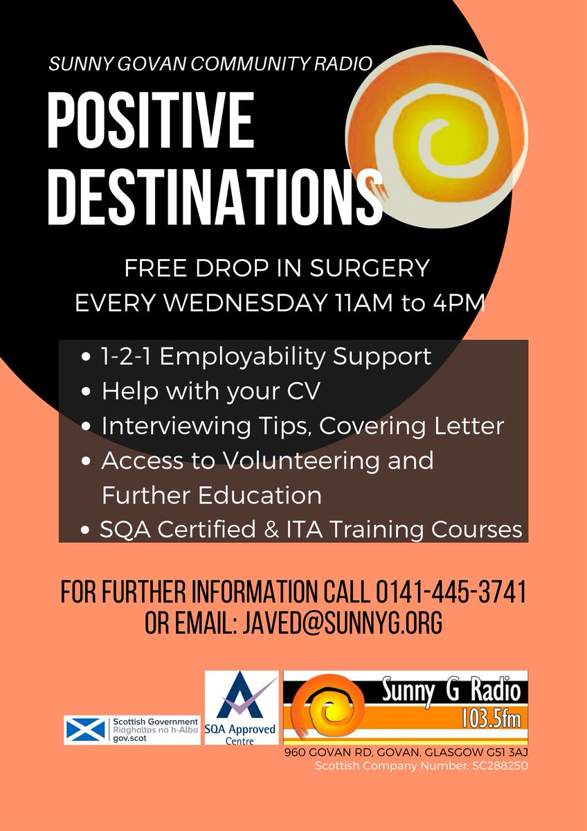 SunnyGRadio's tweet photo. If you'd like help with your CV or cover letter, interviewing tips or getting into courses or training workshops, then get in touch. We offer 1-2-1 sessions and can help you reach positive destinations.

Email javed@sunnyg.org for more info or to book. https://t.co/h7KDVJmFc7