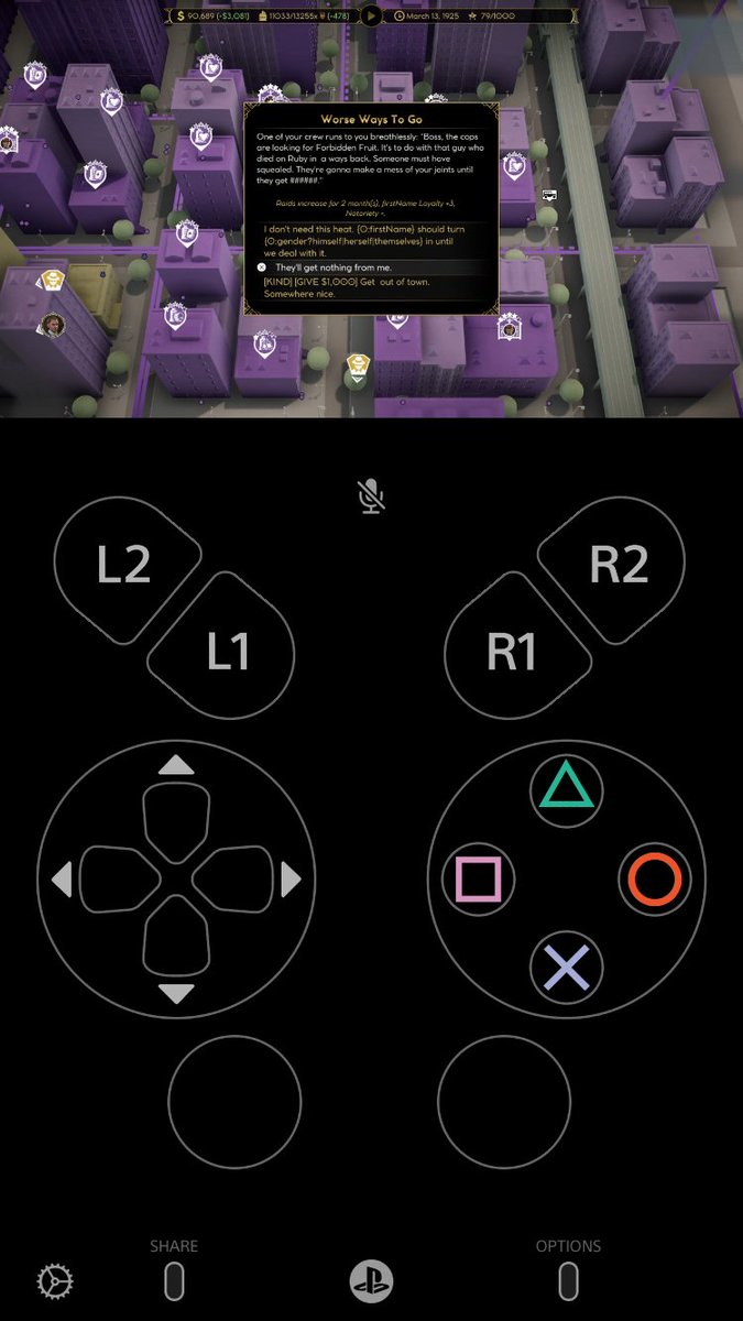 cbland420's tweet photo. @EmpireOfSinGame it’s not during a battle it’s just one of those things that pop up while you look at the map like when you get raided or a minor gang wants a trade. I tried clicking every option like do nothing or give 1 grand the only thing that happens is my notoriety goes up https://t.co/qEnalYwdb4