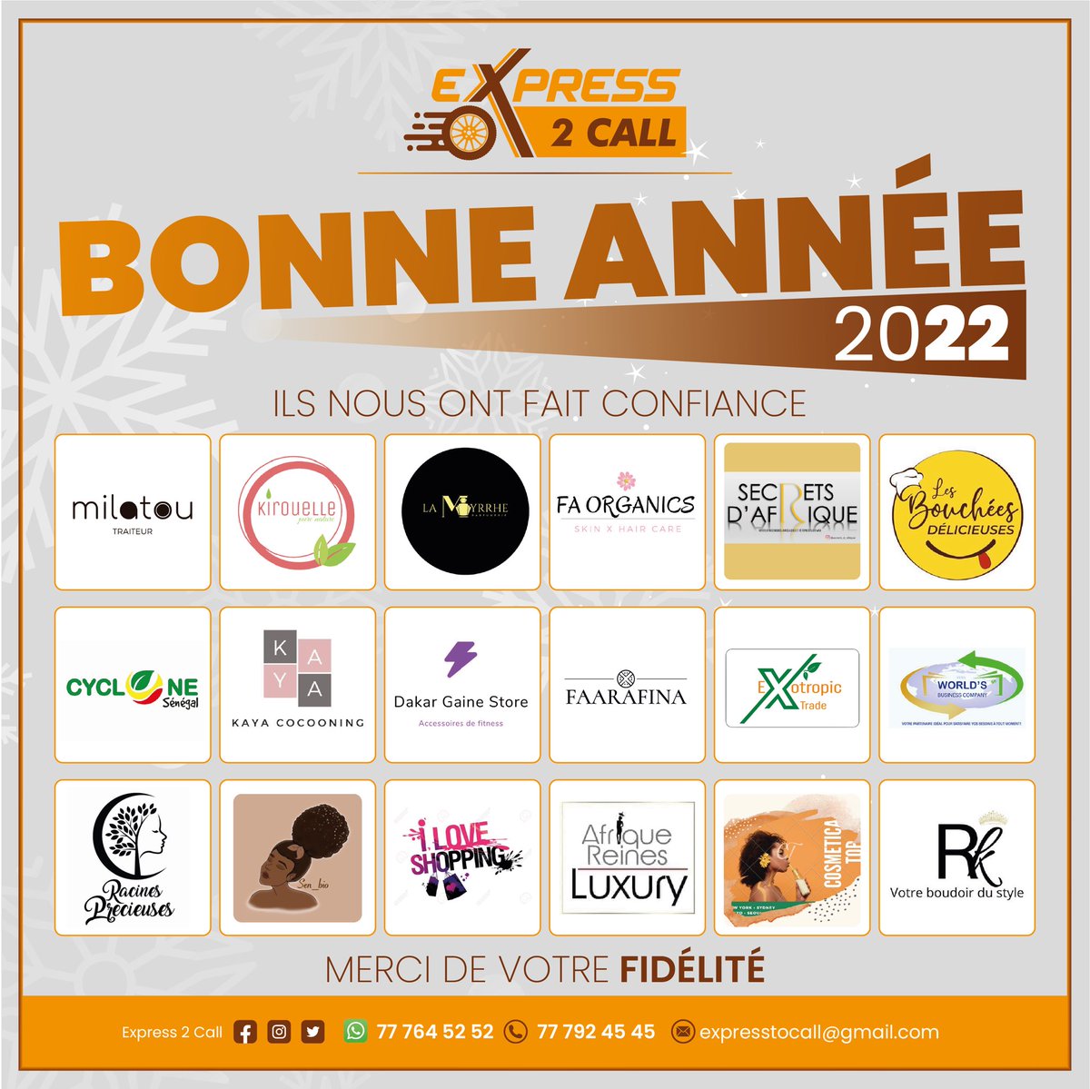 express_2_Call's tweet photo. 𝟮𝟬𝟮𝟭 fut notre année de démarrage d’activité et vous l’avez rendue meilleure et avec beaucoup d’𝗲𝘅𝗽𝗲́𝗿𝗶𝗲𝗻𝗰𝗲𝘀.
 
𝗩𝗼𝘂𝘀, 𝗖𝗵𝗲𝗿𝘀 𝗖𝗼𝗹𝗹𝗮𝗯𝗼𝗿𝗮𝘁𝗲𝘂𝗿𝘀, êtes notre 𝐹𝑂𝑅𝐶𝐸...❤️

#delivery #Senegal #kebetu #partner #Dakar https://t.co/rzyaO65H5I