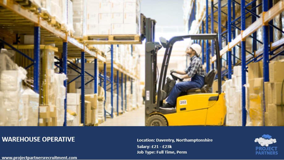 ProjectPartner5's tweet photo. Are you in Daventry or surrounding area and looking for a new role?
The ideal candidate will hold a full UK clean driving license, counterbalance forklift certificate and previous experience in a warehouse.
Apply now on recruitment@projectpartners.uk.com
#warehouseoperative https://t.co/dNUujEnzM3