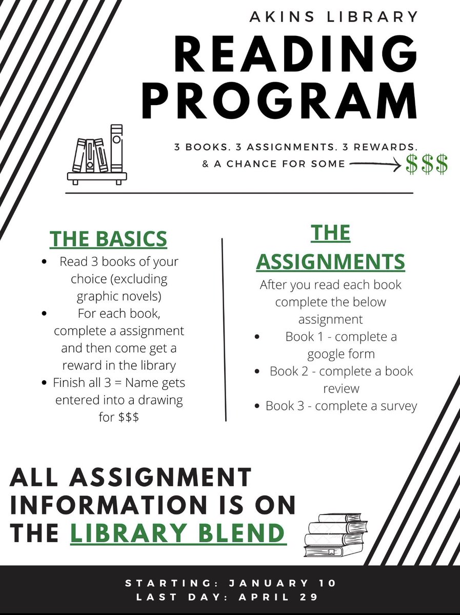akinslibrary's tweet photo. Calling all Freshmen!!! Read, complete short assignments and earn prizes!!! Come see the librarian for any questions 📚📝🤑 STARTS ON MONDAY! https://t.co/9eBc3Jo2MP