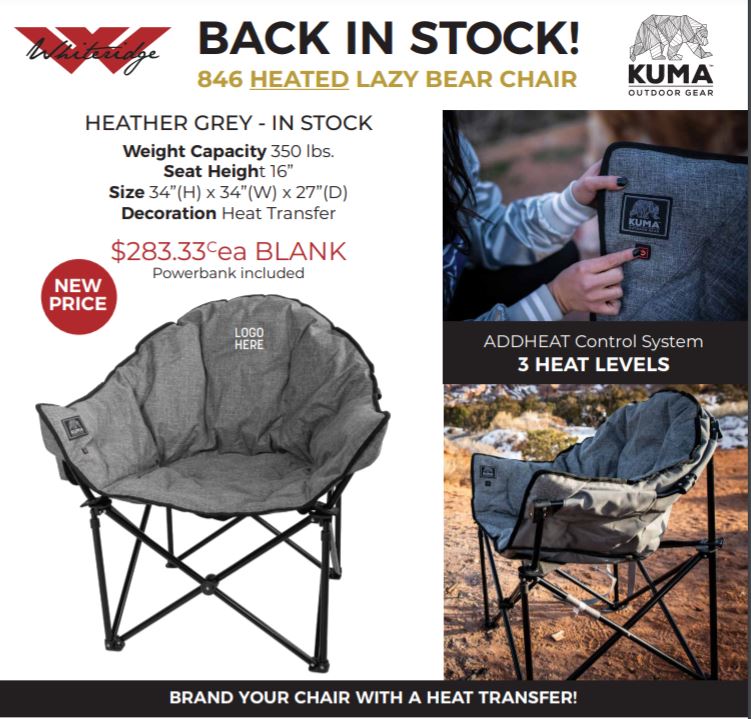 Kuma Outdoor Gear - Heated Lazy Bear Chair - brand your chair with a heat transfer logo.   #outdoor  #lazybearchair  #heated