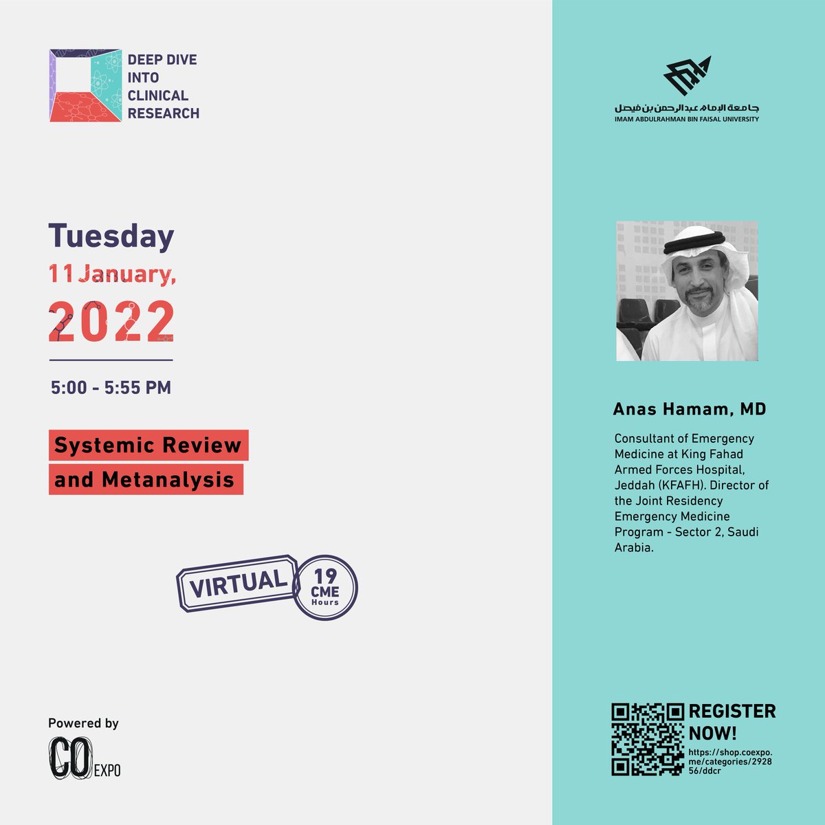 Proud to see him with us for the 2nd time on the 2nd part of the course, Dr. Anas Hamam presenting another interesting topic "Systemic Review and Meta-analysis" 💫🎆

<a href="/AnasHamam/">Anas F. Hamam</a> 

Register now. 🔴💡
shop.coexpo.me/categories/292…