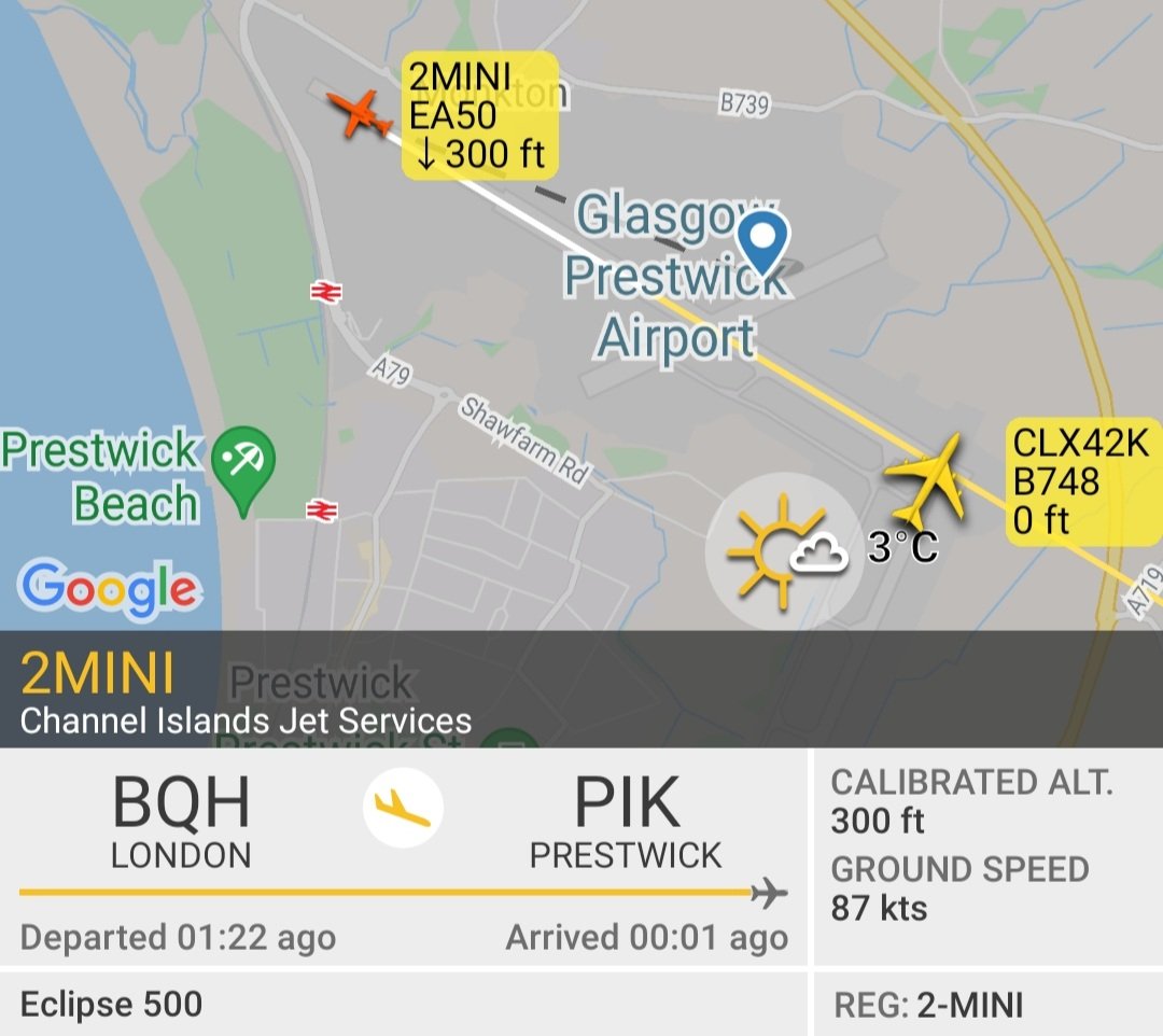 BloodyPolitics's tweet photo. Cute little Eclipse 500 Channel Islands Jet Services plane
reg: 2-mini just descended into #Prestwick Airport from Biggin Hill. Small but perfectly formed.✈
#AvGeek #avgeeks
#2mini
#BQH
#PIK https://t.co/puXAa6VJEn