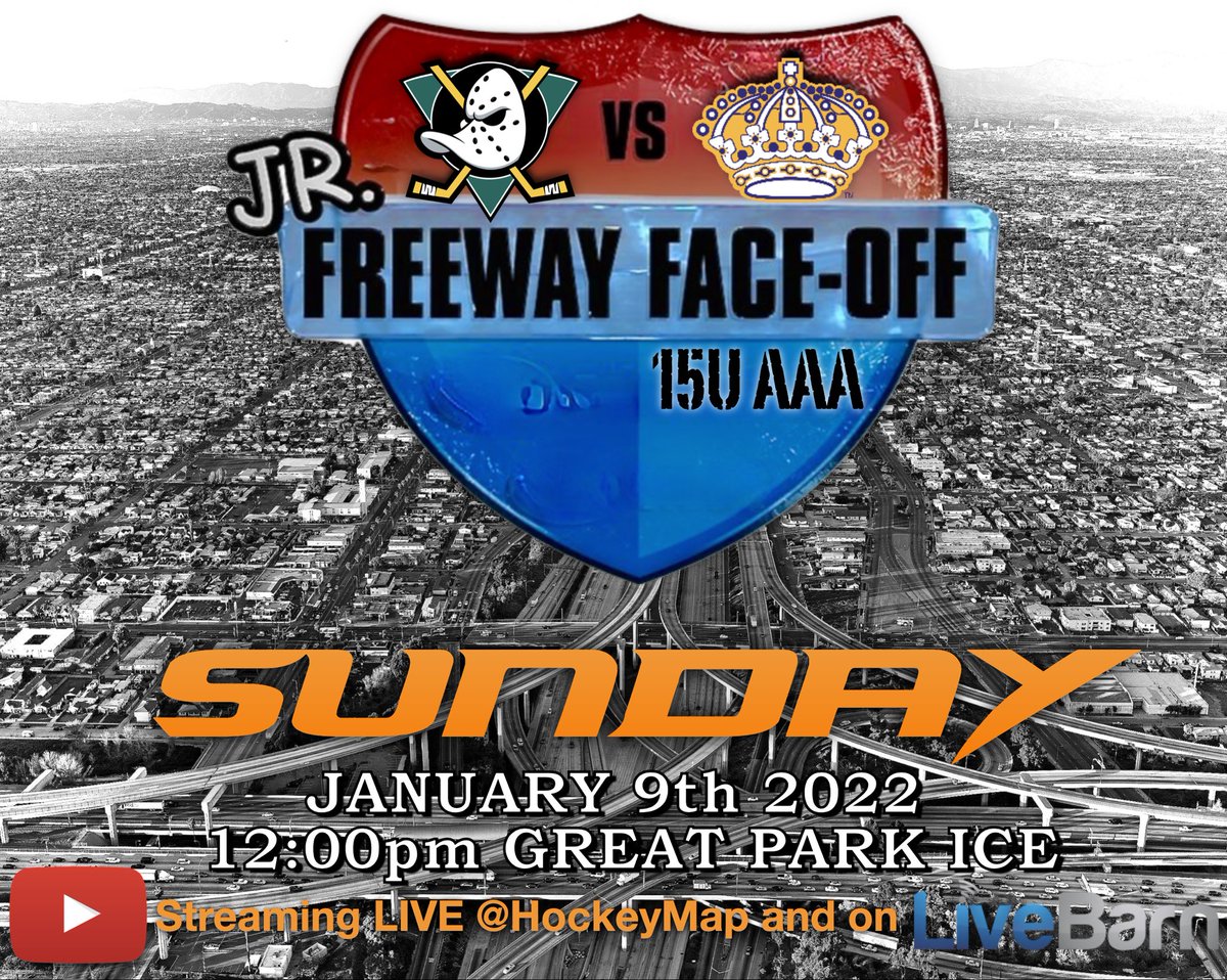 Freeway Face-Off. Part III. Streaming LIVE from Great Park Ice. <a href="/JrDucks15AAA/">Jr Ducks 15O AAA</a> <a href="/hockeymaps/">HockeyMap.com</a> <a href="/The_Rinks/">The Rinks & Great Park Ice</a> <a href="/LiveBarn/">LiveBarn</a>