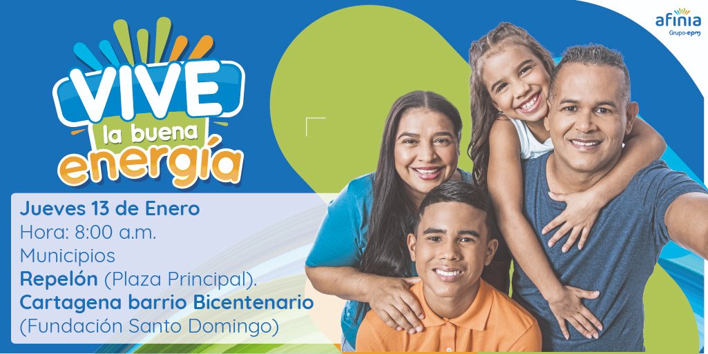 AfiniaGrupoEPM's tweet photo. 🗓️Llegamos a tu barrio llevando la mejor energía. Acércate a nuestro punto de atención este 13 de enero en el barrio Bicentenario de #Cartagena y en #Repelon https://t.co/EqqK4sTB7K