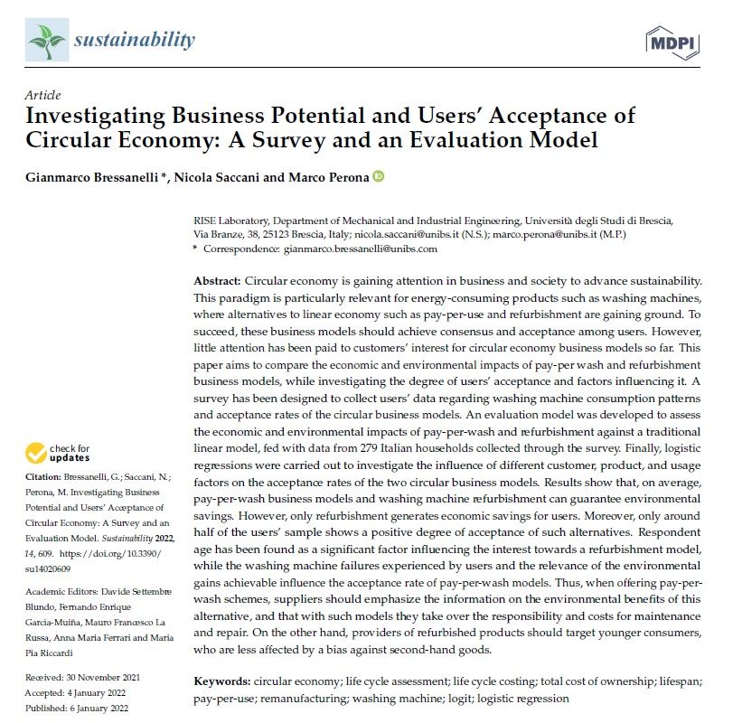 Check out our latest paper on Investigating Business Potential and Users’ Acceptance of Circular Economy: A Survey and an Evaluation Model mdpi.com/2071-1050/14/2…
#CircularEconomy #Sustainability #Customer #Value #LCA #GWP #ClimateChange <a href="/RiseLabUNIBS/">Laboratorio RISE</a> <a href="/Sus_MDPI/">Sustainability</a>