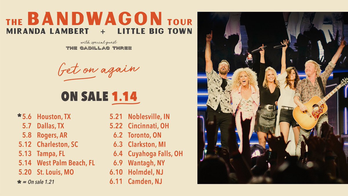 MusicNewsRumor's tweet photo. .@MirandaLambert and @LittleBigTown announce their 2022 tour dates for round two of The Bandwagon Tour with special guest @TheCadillac3.
#TheBandwagonTour is set to kick off in May with dates announced through June. Tickets on sale Friday, January 14 at 10AM local. #GetOnAgain https://t.co/AQfDYZlDRh