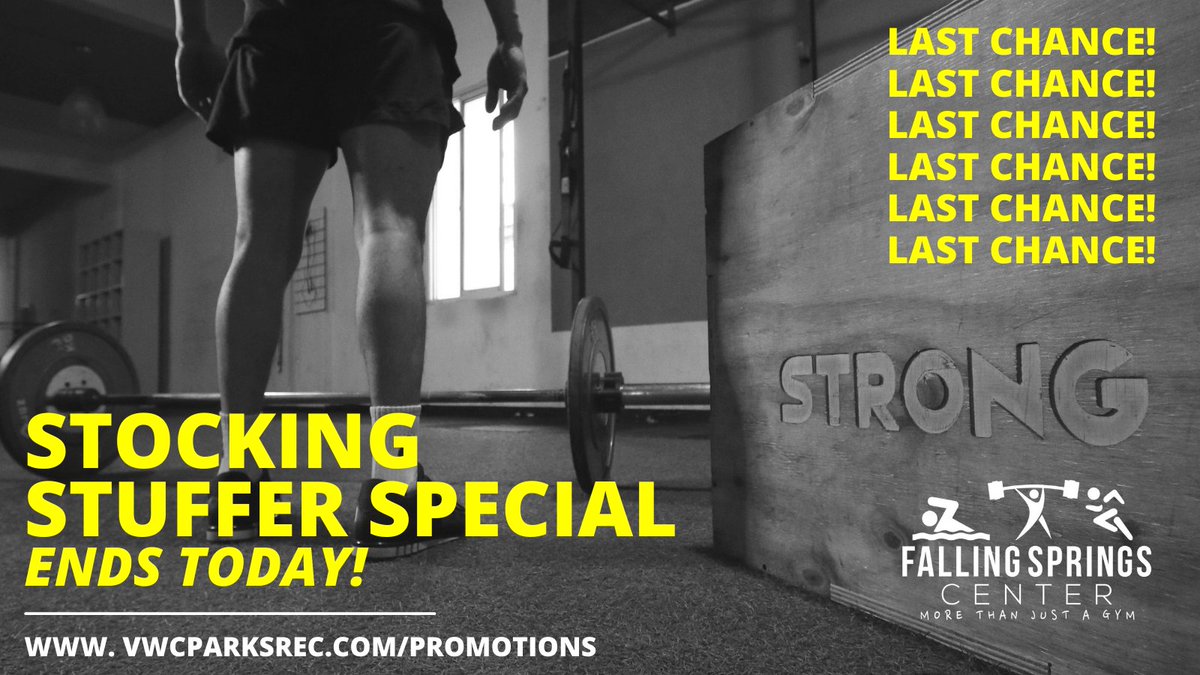 VWCParksRec's tweet image. 💥LAST CALL!💥Stocking Stuffer Special ENDS TODAY! Renew existing visit cards or purchase a new one at Falling Springs in person or by phone until 5PM today (Jan 7) or at webtrac.vwcparksrec.com.
Need help online? Call us before 5PM for help!
#FindYourFun #fit4life #findyourwhy