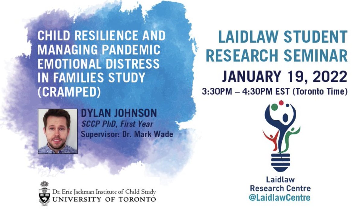Dylan has reviewed the lit on pandemic emotional stress for families, and is working on a study of child resilience. He is a first year student, so this is a perfect time to help him sharpen his focus and questions. Come and learn with us! Public Welcome! bit.ly/Jan19LaidlawSem