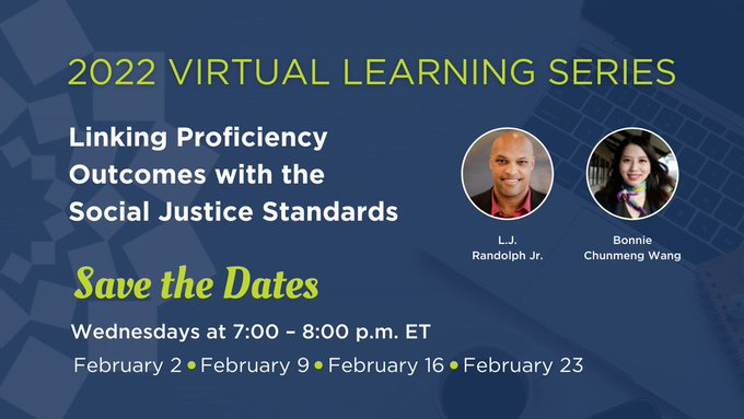 LTILanguageTest's tweet photo. Save the date! Join @actfl all throughout February for four virtual one-hour learning experiences. Registration is limited! Reserve your spot now: https://t.co/fZkKXN3lHG
#VirtualLearningSeries #WorldReadinessStandards #SocialJusticeStandards https://t.co/xNb26C2glb