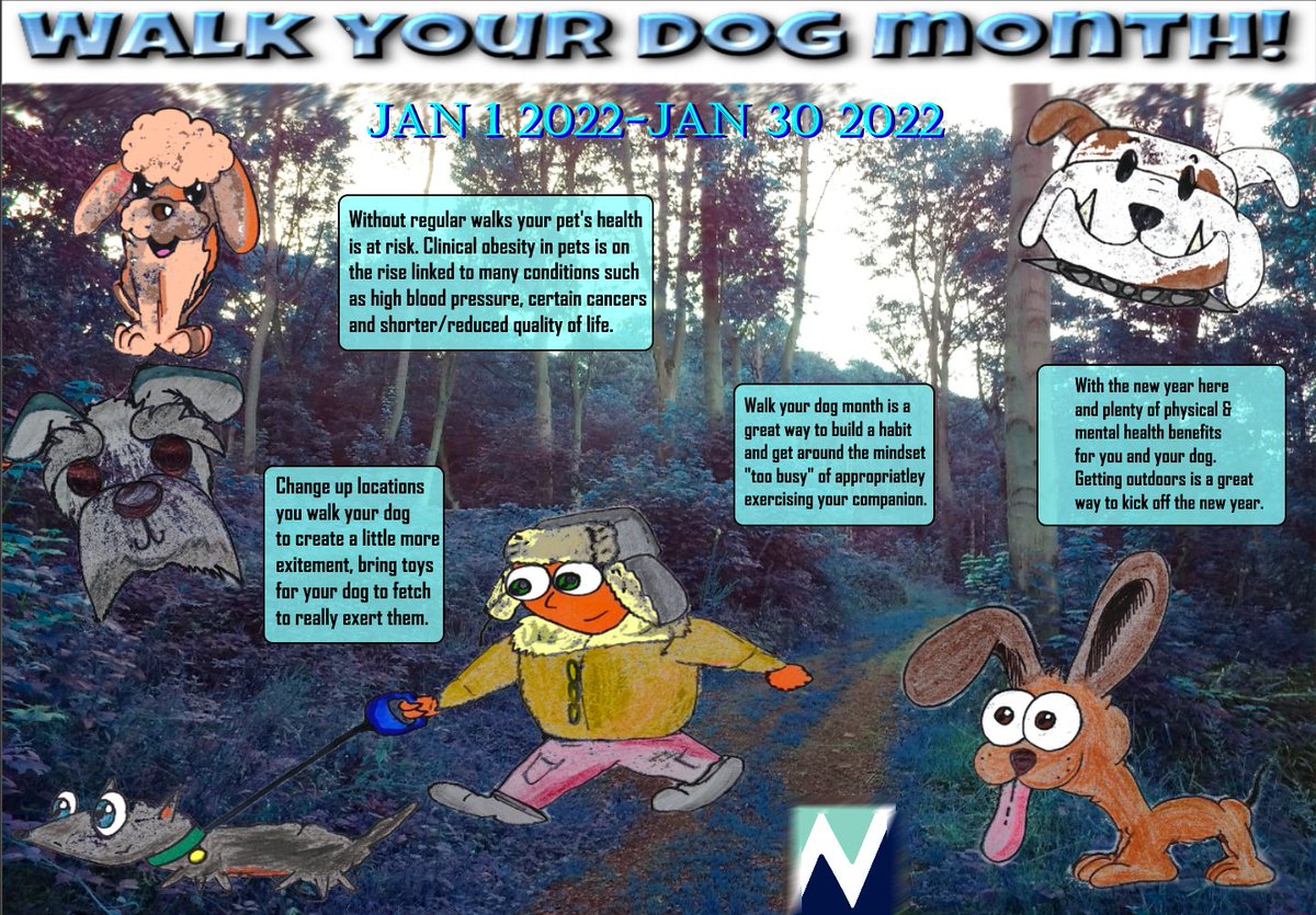 #WalkYourDogMonth was created to highlight dog obesity, but it's also an ideal opportunity to get some extra 'steps' in yourself! Walking for both of you is great physical activity and also increases mental stimulation.

Artwork by Jakob Vallente-Dunn