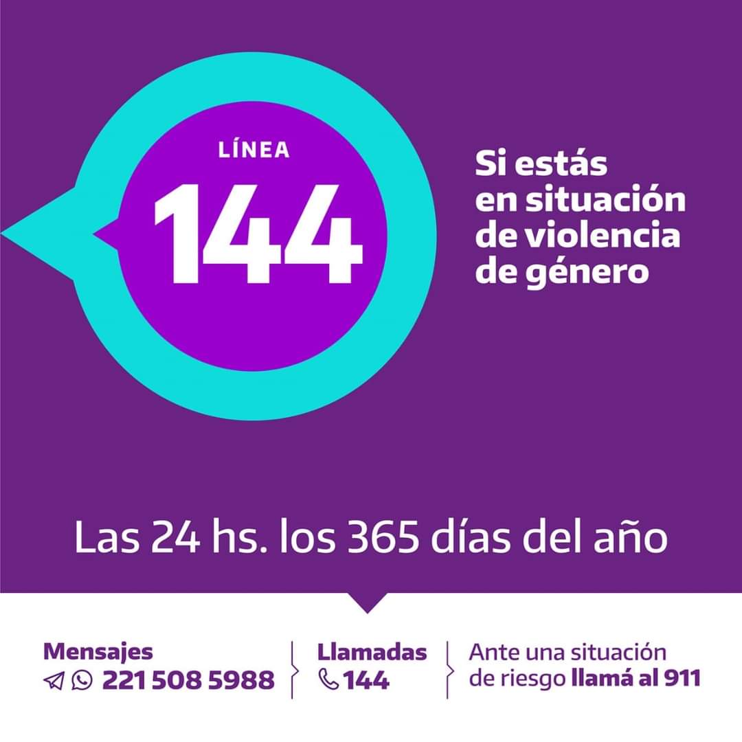 MinMujeresPBA's tweet photo. Por atención y asesoramiento en situaciones de violencia por razones de género, comunícate con la línea 144.

Si no podes hablar, envíanos mensajes por Whatsapp o Telegram al 221 508 5988.

#Línea144
#ViolenciaDeGénero
#PBA https://t.co/AZHf1HW0Zt