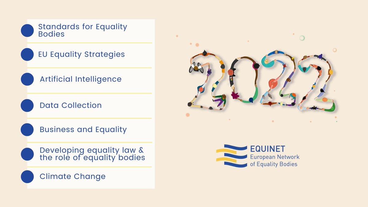 Equinet 2022. Standards for equality bodies, EU equality strategies, artificial intelligence, data collection, business and equality, developing equality law and the role of equality bodies, climate change. 