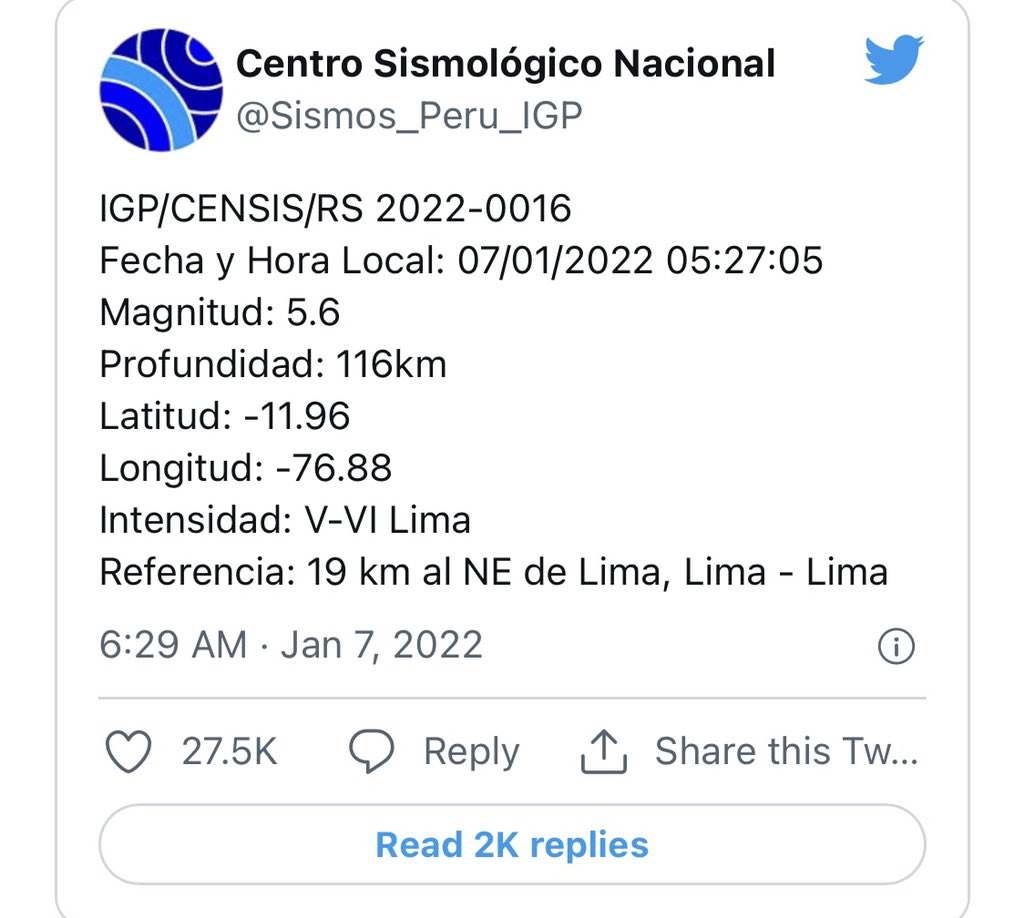 Noticiero52's tweet photo. #07Ene Sismo de magnitud 5.6 sacude Lima-Peru a las 5:26 am, hasta el momento no se reportan daños. https://t.co/5lQ4Q0ndiK