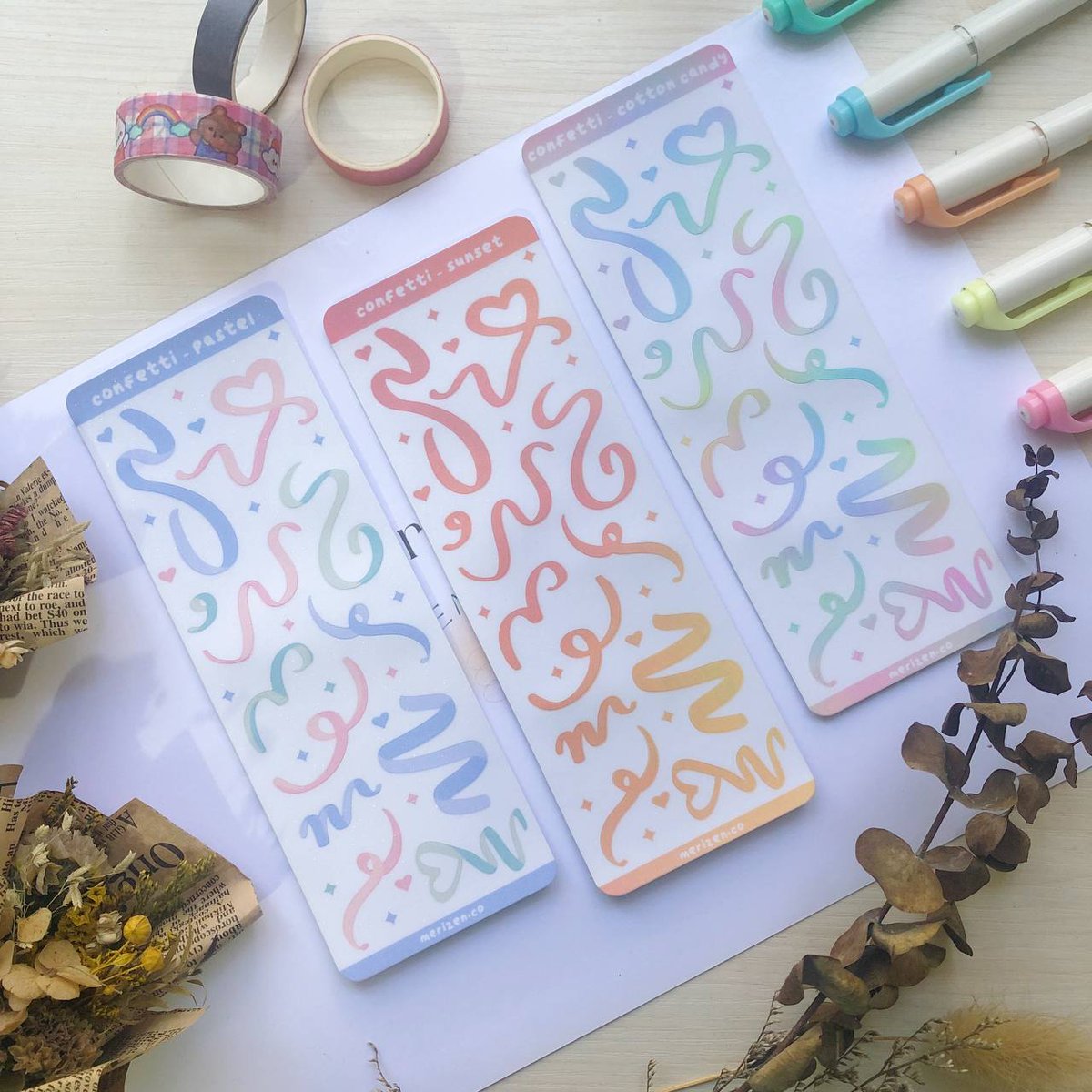 merizen_co's tweet photo. ꒰ product drop pt. 2 ! ꒱

   𓍯 introducing our sticker sheet design: confetti and chains with 3 variations, pastel, sunset and cotton candy!🤍
   𓍯 sticker sheet size: 2.00 inches x 5.50 inches
   𓍯 perfect for decos or for spicing up your journal spreads! ❤️‍🩹 #artph https://t.co/AQFXqiwPlA