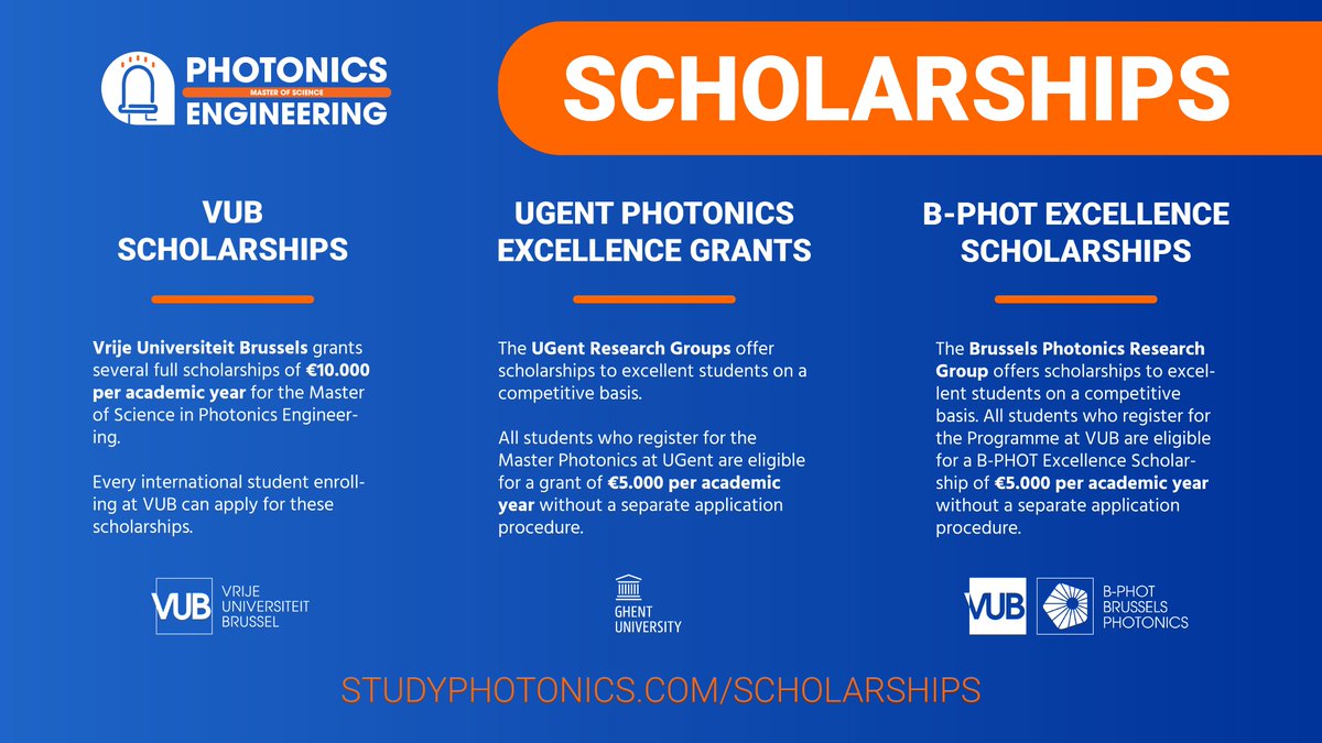 SCHOLARSHIP ALERT! 🚨 Apply now for the MSc. in Photonics Engineering &amp; get the chance to study in Belgium with a #scholarship.🇧🇪💰

Discover the opportunities from @vubrussel &amp; <a href="/ugent/">UGent</a> at studyphotonics.com/scholarships.

#masterphotonics #studyphotonics #scholarships #studyinbelgium