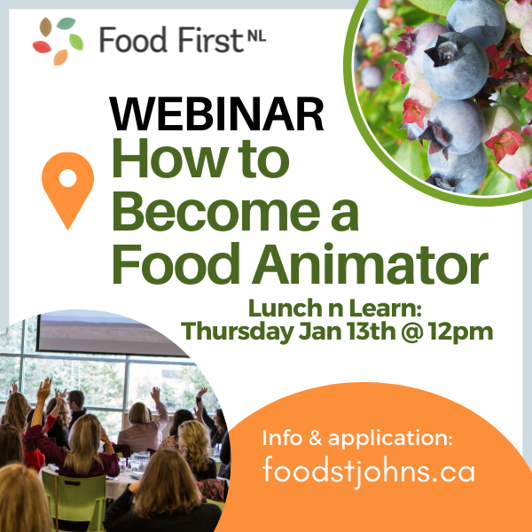 foodfirstNL's tweet photo. 2022 St. John's Food Animator applications are open! Food animators are folks with a passion for food and community, and want to share it with others. We're hosting a lunch-and-learn for interested folks on the 13th at 12 PM - register at this link: 
https://t.co/PpKVPbRfyn https://t.co/soOkSWFYre