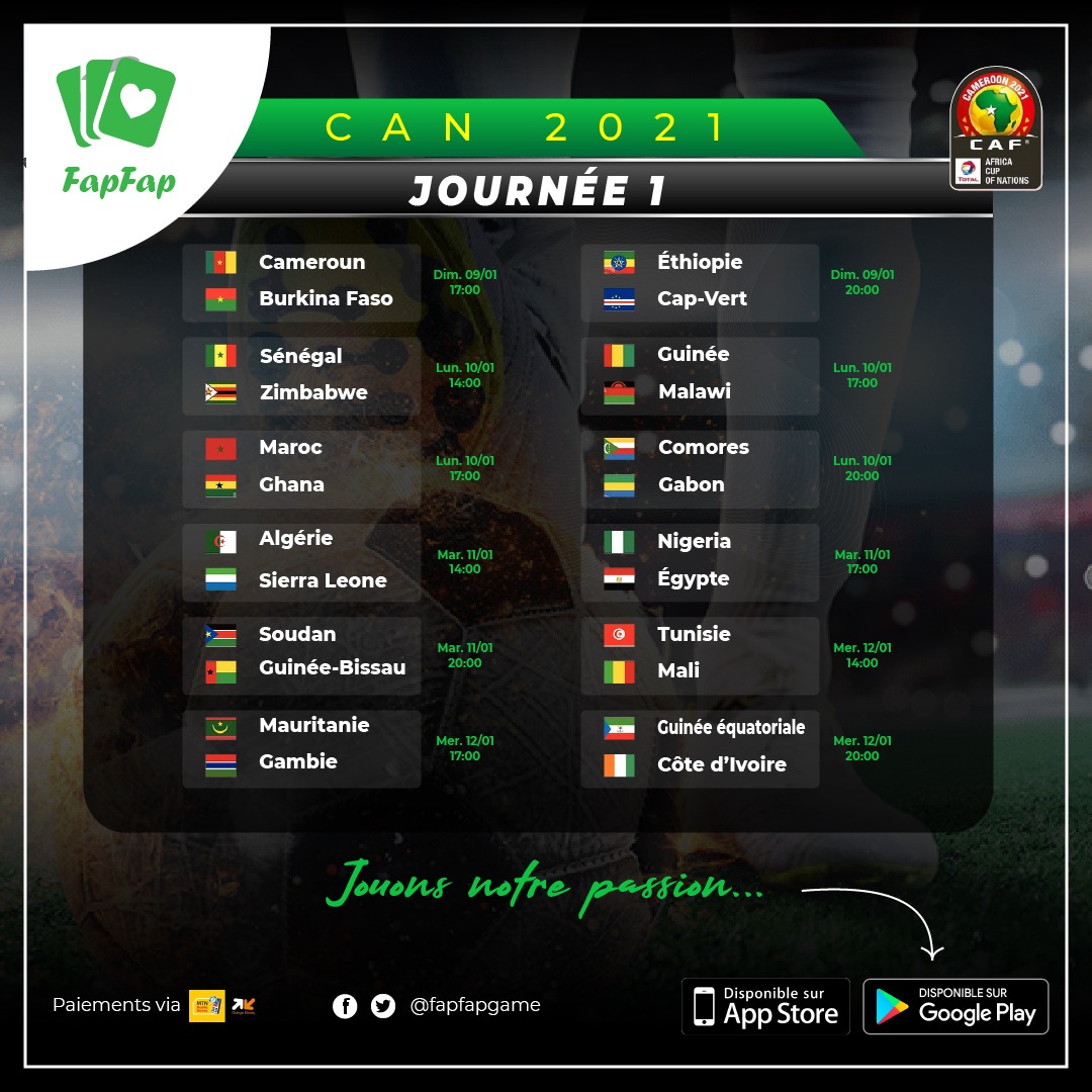 fapfapgame's tweet photo. #Can_Total_Energie ⚽

⚽ Ci-joint le programme de la première journée de la CAN. 🗓️ 

📌 Vous avez là la liste de chaque équipe et les horaires auxquelles ces équipes passeront. 🔥

Rdv demain pour les pronostics du Match d'ouverture. ⚽⚽

#Can
#Football
#Fecafoot
#FapFap https://t.co/oYYdHcTv9L