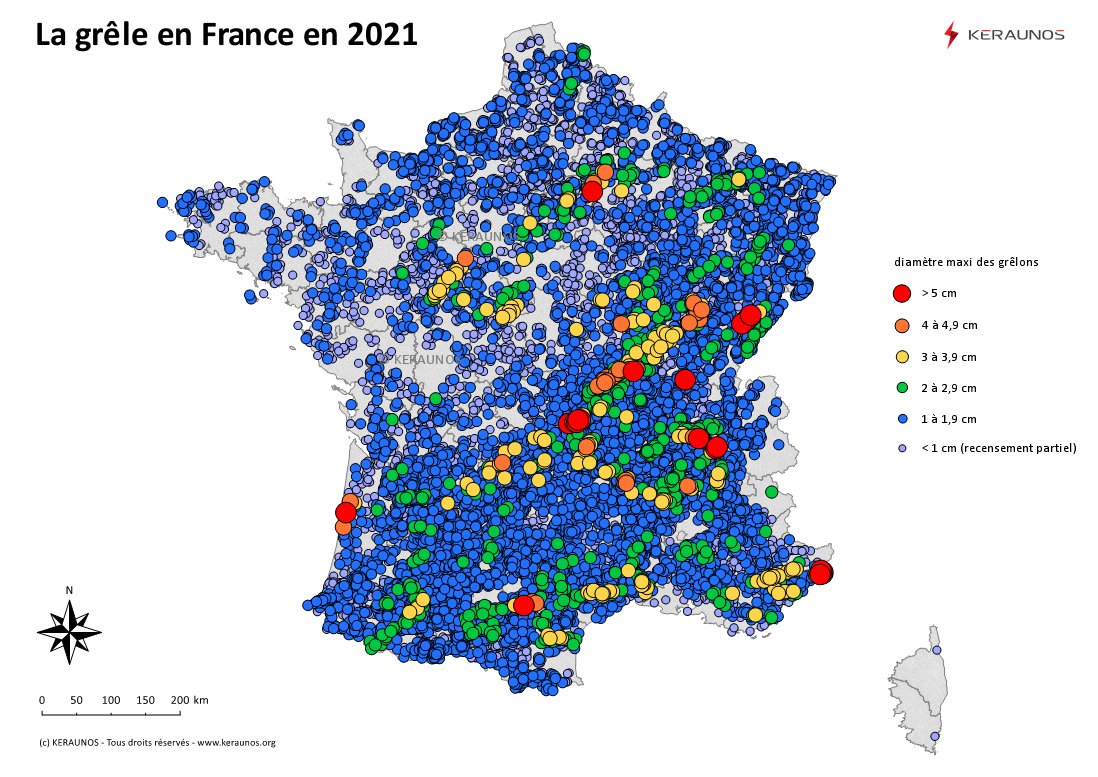 Bilan #grêle : 2021 a été marqué par des chutes de grêle un peu plus fréquentes que la normale, avec pic en juin. Grêlons jusqu'à 7 cm de diamètre les 19 juin, 31 juillet et 15 août. Retour sur ces événements avec la base de données grêle de Keraunos : 