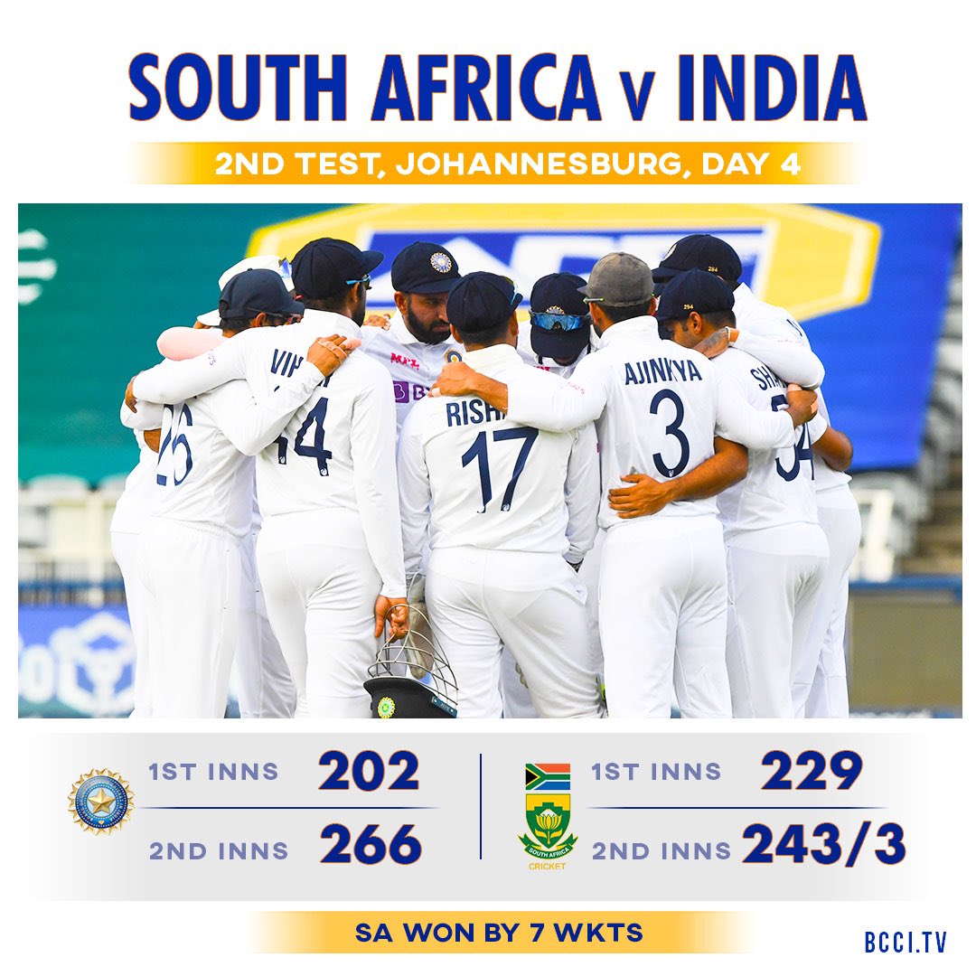 South Africa win the second Test by 7 wickets. The series is now leveled at 1-1. #TeamIndia will bounce back in the third Test. 👍 👍 #SAvIND #TestCricket #INDvSA #Proteas #SouthAfrica #India #DowntownMirror #DowntownMirrorCricket @BrandcorpsMedia