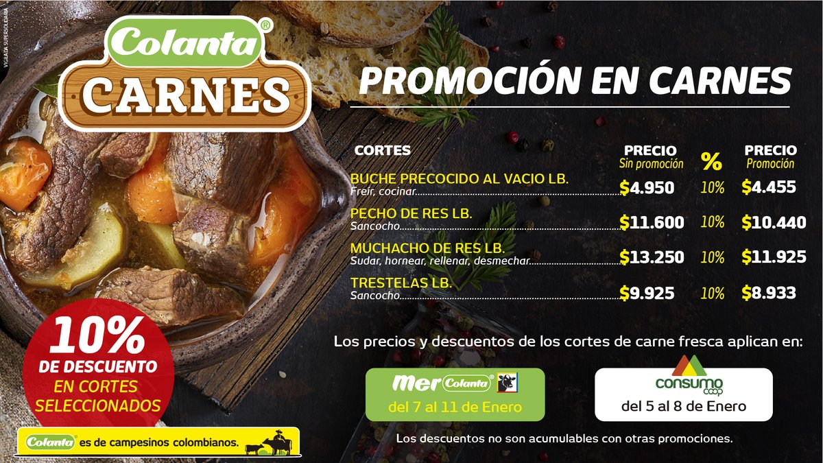 mercolanta's tweet photo. ¡Llegó la #PromoCarnuda de esta semana!  Aprovecha hasta 10% de descuento en cortes seleccionados.

Encuéntrala en tu Mercolanta más cercano o pídela a domicilio.

#Colanta #Mercolanta #Carne #Carnes #Corte #Descuento #Promoción https://t.co/RqUfDlHlEz