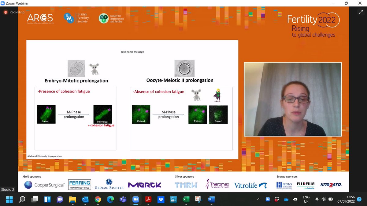 Parallel session Gametes to Embryo, a great talk on "Cohesion fatigue does not occur during Meiosis-II in mouse and human oocytes" from Adélaïde Allais, PhD Student, CRCHUM, Canada. #fertility2022